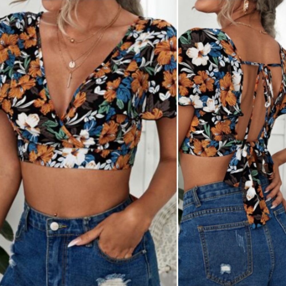 Floral Print Double Tie Back Ruffled Sleeve Crop Top Blouse Shirt